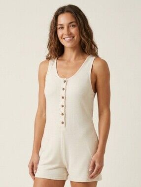 Cherish Cream Button Front Tank Romper Sleeveless Henley Cream Size L NWT